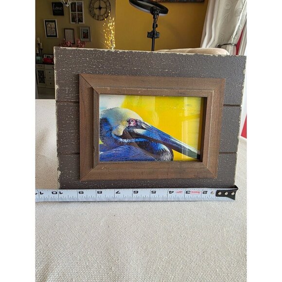 Rustic Brown Wood Picture Frame With Pelican Artwork 7" X 5" Coastal Decor - Picture 3 of 7